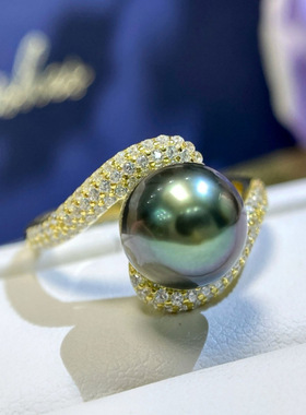 通体s925银 经典海水珍珠戒指 9-10mm海水大溪地黑珍珠