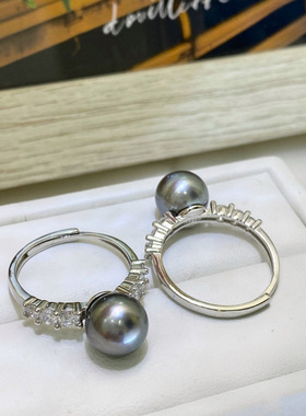 通体s925银 经典多钻戴妃海水珍珠戒指   9-10mm海水大溪地黑珍珠