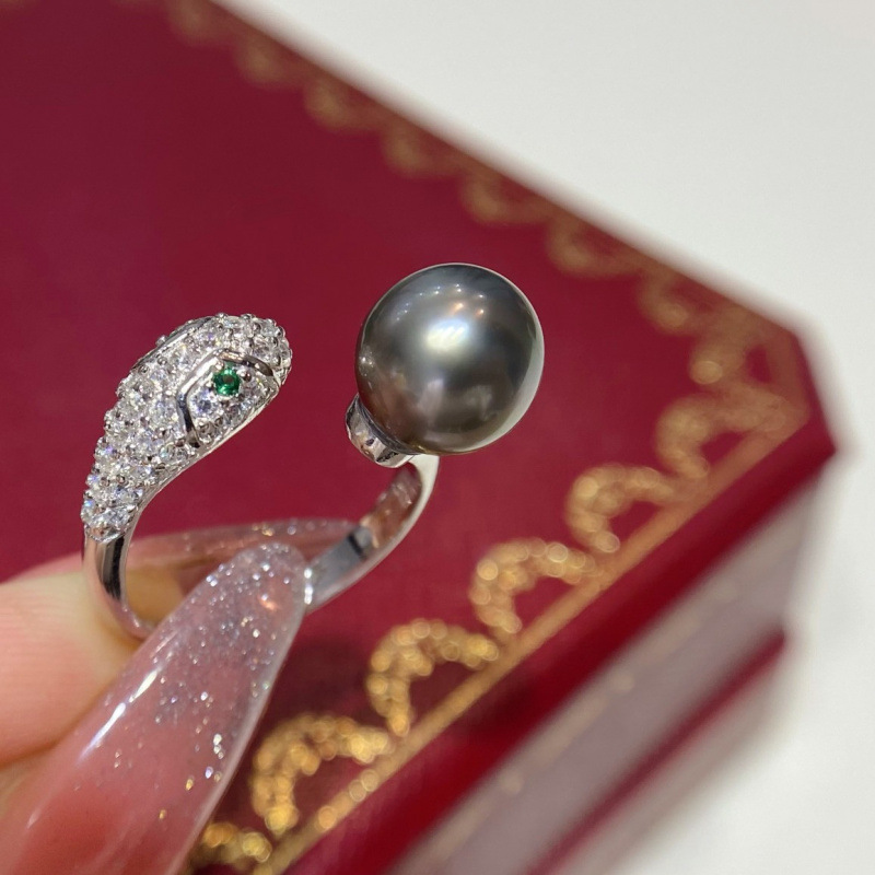 通体s925银  戒指 9-10mm大溪地黑珍珠 精致小蛇款 - 图0