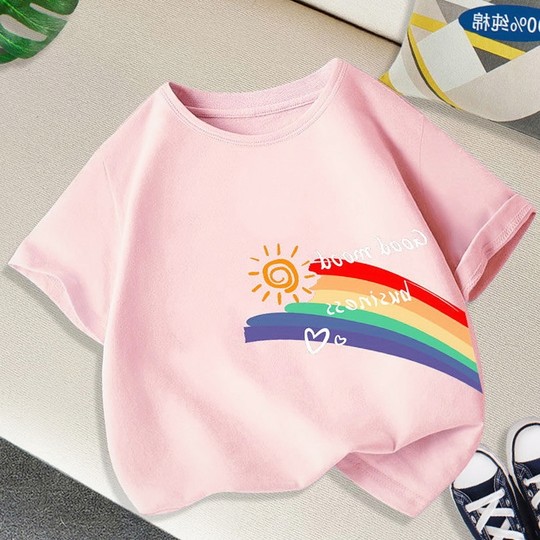 新款短袖纯棉t恤女童彩虹图案半袖儿童百搭男童卡通韩版上衣薄款