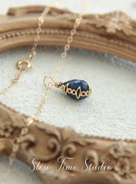 【午后慢时光】原创手工 天然青金石水滴吊坠14K包金项链 （青烟