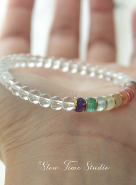 天然白水晶手链特级全净白水晶直切药片手环多宝彩虹原创设计