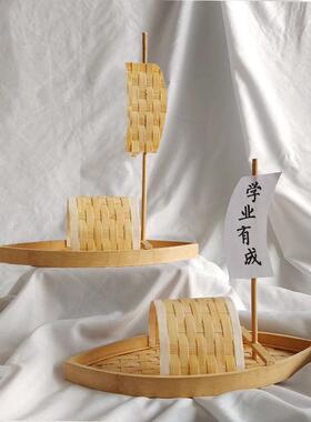 手工竹编乌篷船小木船创意小渔船模型学生作业diy手工制作材料包