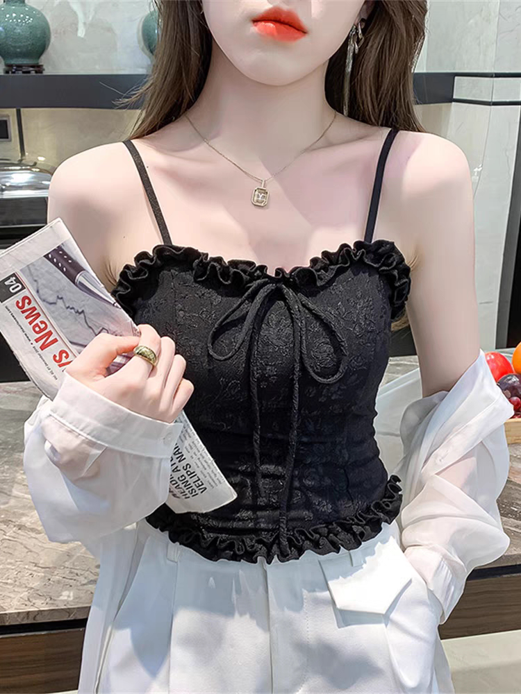 木耳蕾丝花边吊带背心女内搭打底外穿带胸垫纯欲奶甜辣妹抹胸上衣
