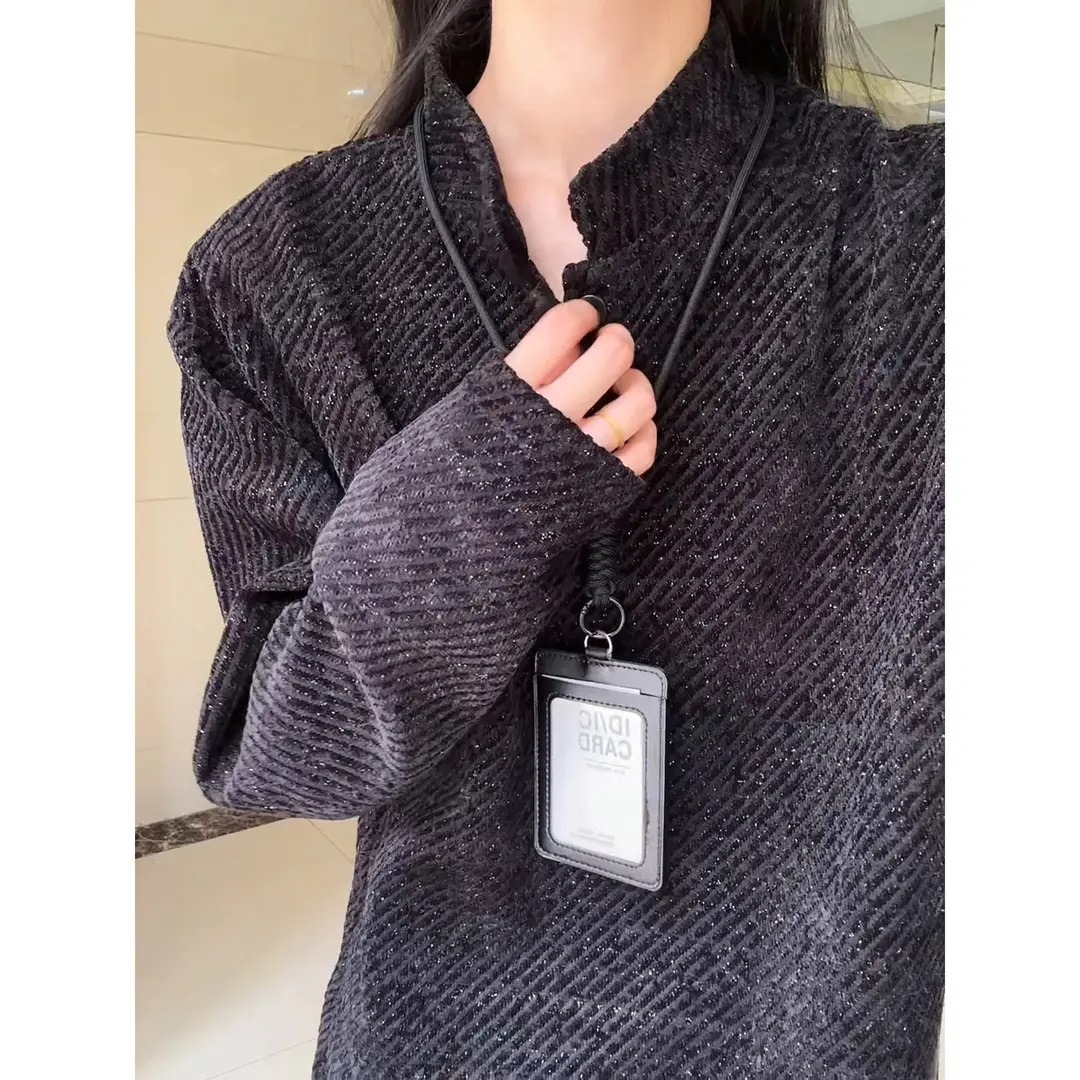 黑白斜条纹亨利领加绒长袖t恤男秋冬小香风polo领卫衣内搭打底衫 - 图2