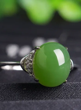 玉石新中式指环和田玉镶嵌复古风925纯银带证书活口戒指碧玉女戒