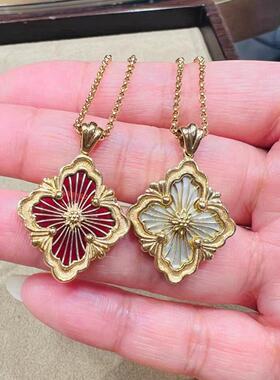 歌剧院Operа四叶草双面拉丝白贝母天河石项链复古高级感锁骨链女