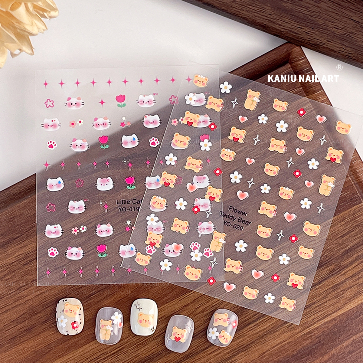 卡通可爱小熊美甲贴纸萌宠小猫小狗兔子星星立体浮雕指甲贴装饰品 - 图3