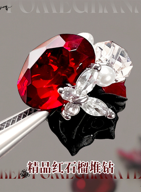 新年红色美甲繁花蕾丝堆堆钻饰品