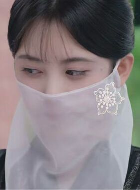 汉服蒙面遮阳纱巾白色面罩女仙气面纱古风复古代汉服遮脸挂耳古装