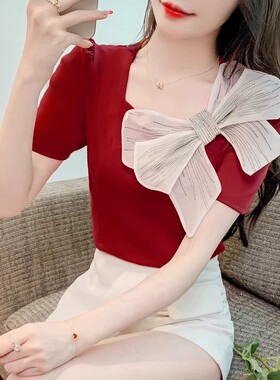 蝴蝶结补丁防走光领花配T恤气质