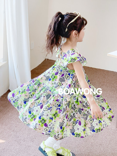 宝儿w绿色碎花连衣裙，棉布裙，舒适透气，同款红色，0988 - 图1