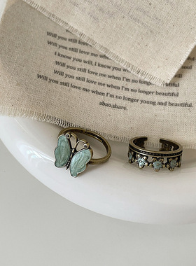 中古风轻奢高级感滴油蝴蝶花朵开口戒指女个性独特时尚指环戒子