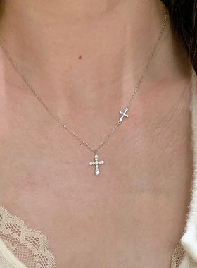 设计感满锆双十字架吊坠项链女复古轻奢时尚潮流百搭颈链锁骨链