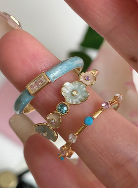 蓝色滴油锆石花朵开口戒指女轻奢高级感气质显白优雅百搭指环戒子