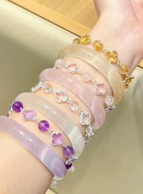 普陀山文创四叶草水晶手链女马粉粉黛佳人新中式猫眼手镯送礼