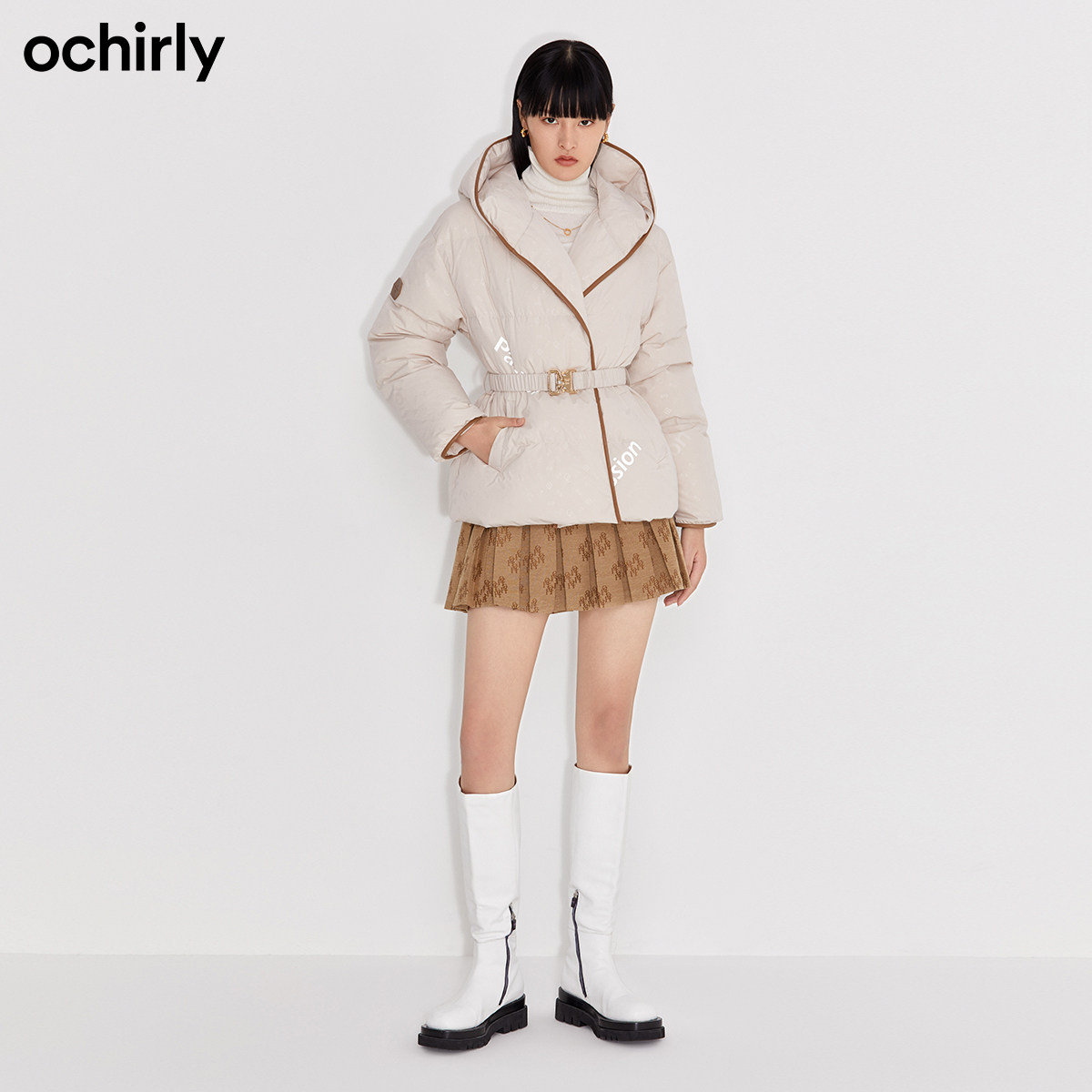 直降欧时力2021新款连帽印花腰带女 ochirly羽绒服