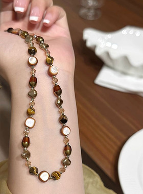 美拉德天然石虎眼项链不掉色女珍珠项链秋冬感锁骨链配饰首饰