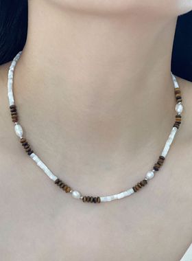 秋冬虎眼石项链法式手工串珠贝壳天然珍珠项链女虎眼石气质锁骨链