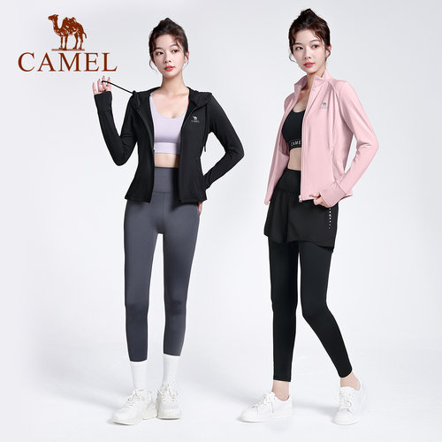 骆驼连帽瑜伽服外套女薄绒春季紧身健身衣服上衣运动服拉链开衫 - 图1