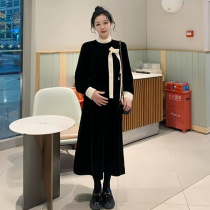 Pregnant Woman Autumn Winter Advanced Sensation Retro Style Velvet Silk Suede Long dress Dress With Slim Temperament Heben Wind Nepotism Nepotism