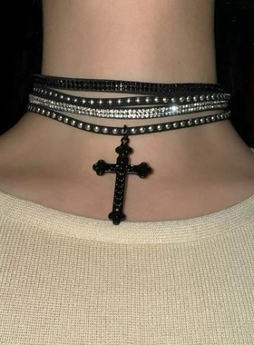 原创自制多层镶钻铆钉朋克小众摇滚十字架项链锁骨链颈链饰品