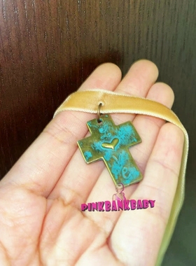 原创自制做旧vintage复古废土风小众十字架丝绒颈圈项链