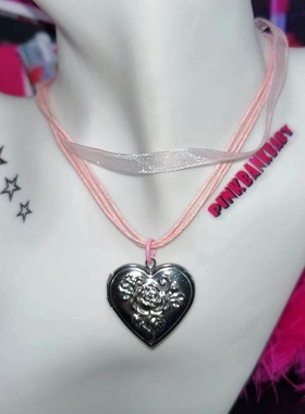 原创自制辣妹网纱多层缠玫瑰花钛钢爱心可打开相盒吊坠项链颈链