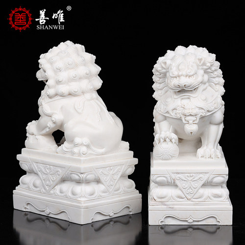 天然汉白玉大理石含球精雕小石狮子一对看门家用墓地石雕摆件 - 图1