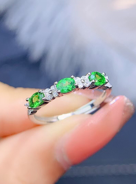 天然沙弗莱戒指 925纯银镶嵌绿色宝石指环活口可调节女