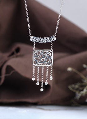 925纯银复古时尚做旧 民族风祥云镂空弯管流苏女款银吊坠项链