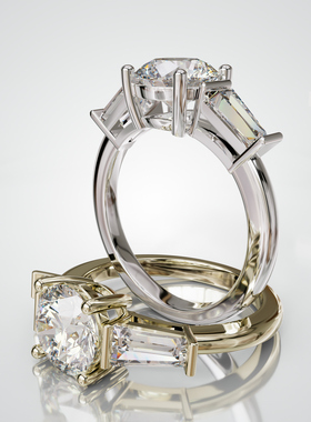 18K金圆形主石梯方石侧镶戒轻奢小众设计感婚戒可定制百搭食指戒