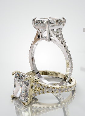 18K金长方小八角形主石四爪镶满圈叉臂戒轻奢小众设计婚戒可定制