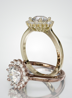 18K金圆形主石太阳花围镶戒轻奢小众设计感婚戒可定制百搭通勤戒