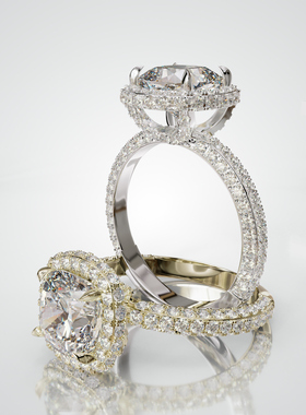 18K金枕形主石双层围镶双排戒轻奢小众设计婚戒可定制百搭食指戒