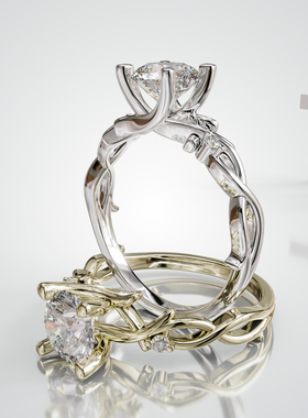 18K金圆形主石四藤蔓侧石戒轻奢小众设计感婚戒可定制百搭食指戒