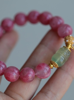 天然蔷薇石手链搭配天然萤石水晶精雕貔貅纯银鎏金珍珠配饰紫牙乌