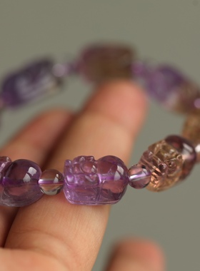 高端定制天然紫黄水晶精雕貔貅手链搭配纯银鎏金紫牙乌吊坠