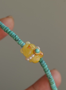 天然原矿松石盘珠多圈搭配天然蜜蜡立体小熊老蜡枣珠和田玉散珠