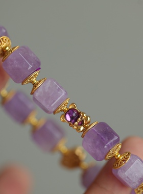 天然紫水晶方块手链搭配石榴石方块手链搭配石榴石小熊纯银鎏金