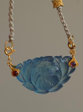 天然海蓝宝精雕牡丹花项链高端定制很有质感搭配紫牙乌扣