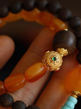 古风款特别的设计天然沉香手链搭配天然老花蜡蜜蜡随形多宝设计