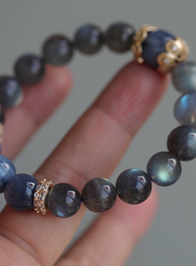 天然拉长石手链搭配天然蓝晶石微镶锆石满满的高级感很高级的蓝63