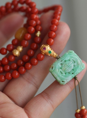 高端定制天然满色满肉南红多圈配蜜蜡枣珠纯银鎏金葫芦鎏金三通63
