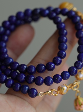 高端定制天然青金石多圈搭配纯银鎏金镶嵌珍珠链条沉香配饰珐琅彩