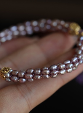 天然粉紫色珍珠手链纯手工搭配纯银鎏金镶嵌紫水晶微镶锆石珍珠