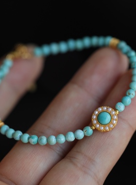 天然原矿松石手链搭配纯银鎏金镶嵌松石珍珠配饰纯银鎏金飞碟珠