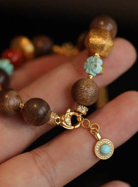 天然沉香手链搭配原矿松石小花南瓜珠纯银鎏金松石蝴蝶流苏配饰