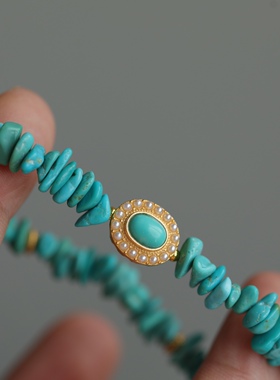 高品质天然原矿松石随形手链配纯银鎏金镶嵌松石珍珠配饰鎏金隔片