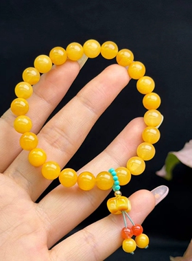 天然精美俄料鸡油黄蜜蜡手链搭配菱镁矿南红蜜蜡小花上手超美610